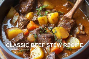 CLASSIC BEEF STEW RECIPE centered hero view, clean and uncluttered
