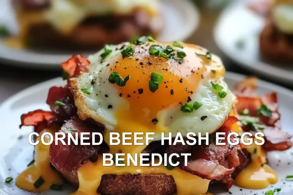 CORNED BEEF HASH EGGS BENEDICT centered hero view, clean and uncluttered