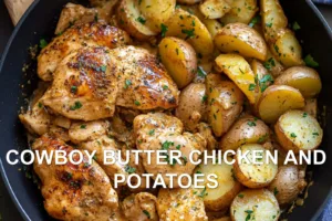 COWBOY BUTTER CHICKEN AND POTATOES centered hero view, clean and uncluttered