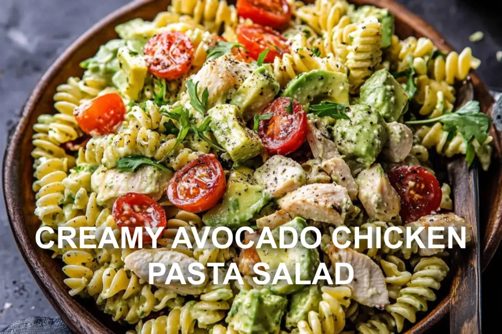 CREAMY AVOCADO CHICKEN PASTA SALAD centered hero view, clean and uncluttered