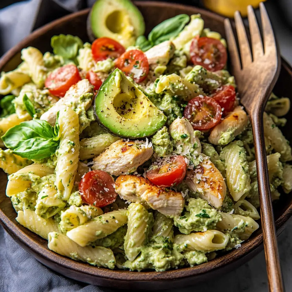 Creamy Avocado Chicken Pasta Salad in a white bowl with fresh avocado, bacon, and cilantro