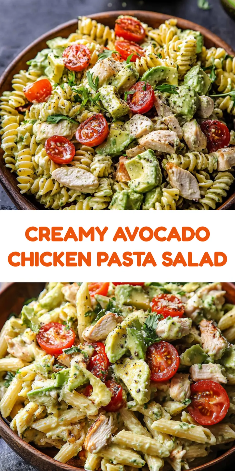 Creamy Avocado Chicken Pasta Salad pin image with fresh ingredients and bacon