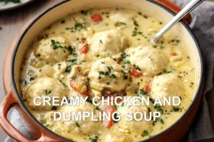 CREAMY CHICKEN AND DUMPLING SOUP centered hero view, clean and uncluttered