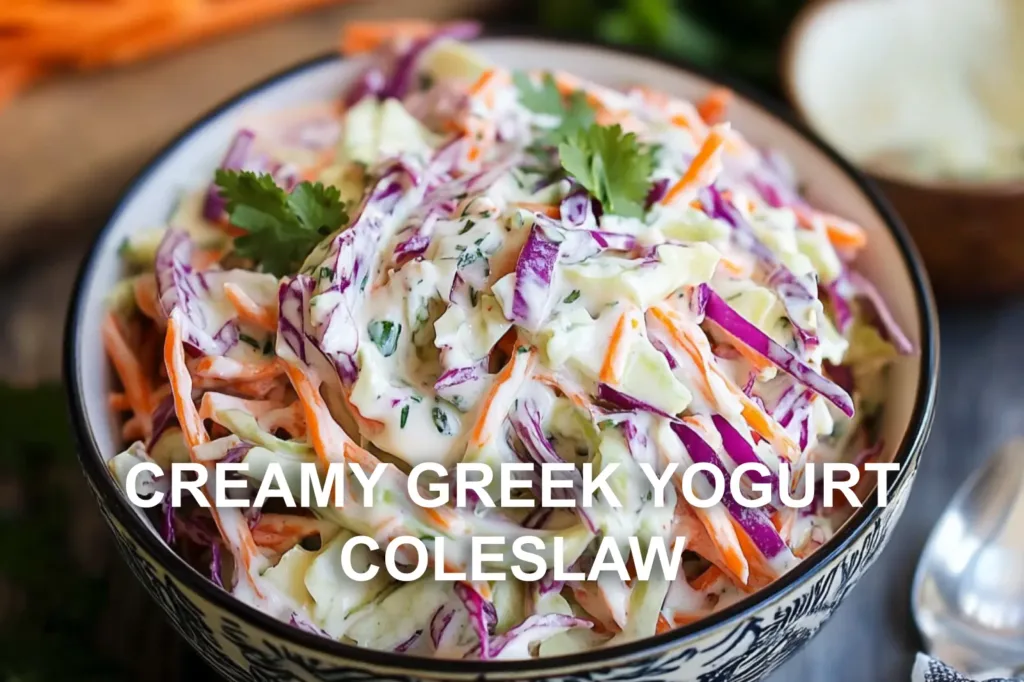 CREAMY GREEK YOGURT COLESLAW centered hero view, clean and uncluttered