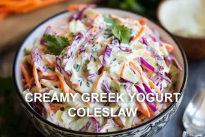 CREAMY GREEK YOGURT COLESLAW centered hero view, clean and uncluttered