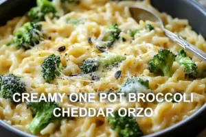 CREAMY ONE POT BROCCOLI CHEDDAR ORZO centered hero view, clean and uncluttered