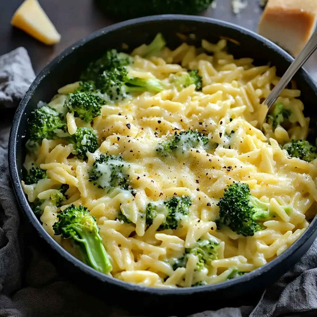 Creamy one pot broccoli cheddar orzo in a large pot, hero view
