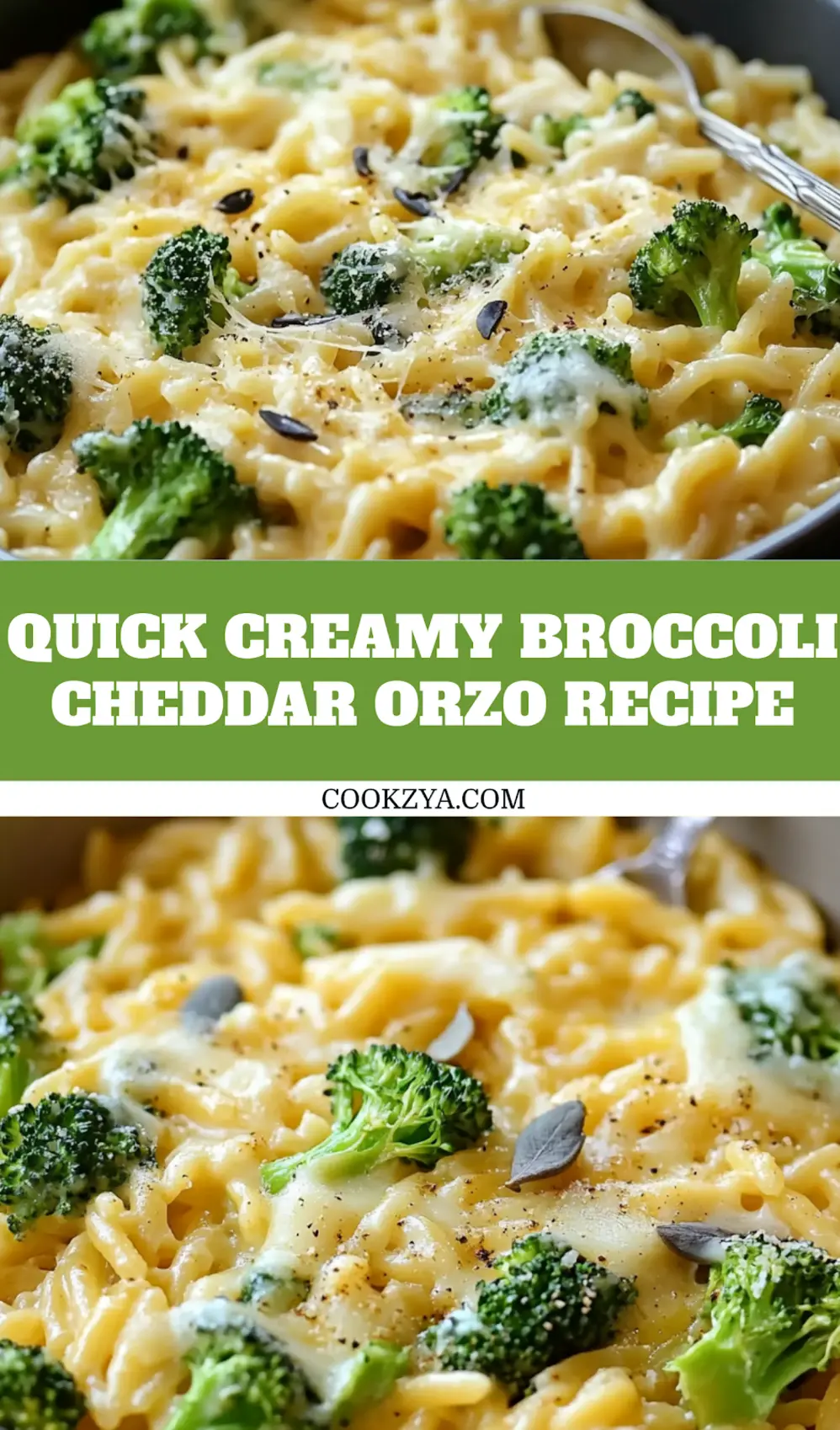 Creamy one pot broccoli cheddar orzo styled for Pinterest
