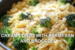 CREAMY ORZO WITH PARMESAN AND BROCCOLI centered hero view, clean and uncluttered