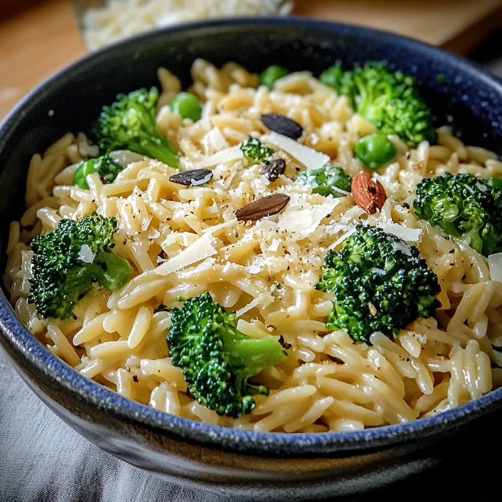 Creamy Orzo with Parmesan and Broccoli in a serving bowl, creamy and inviting