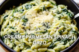 CREAMY PARMESAN SPINACH ORZO centered hero view, clean and uncluttered
