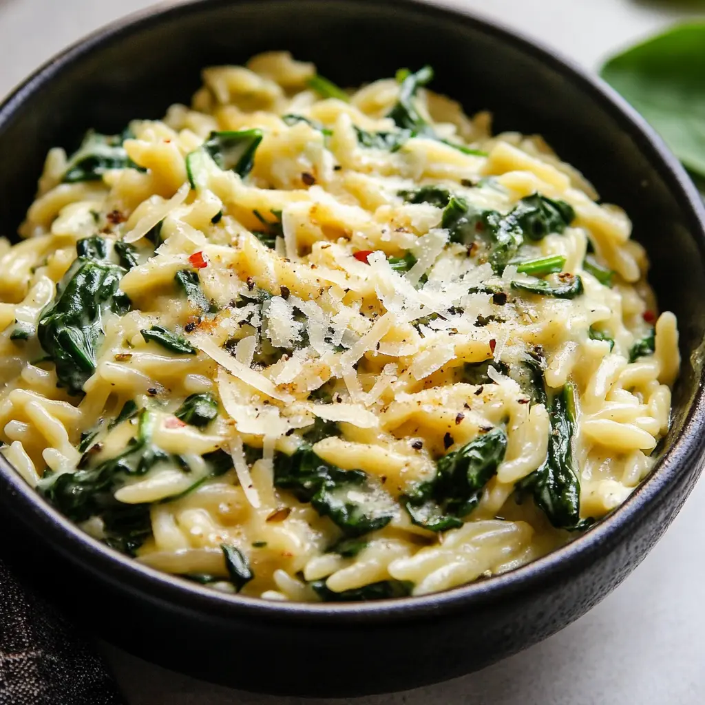 Creamy Parmesan spinach orzo in a serving bowl, centered hero view, clean and uncluttered