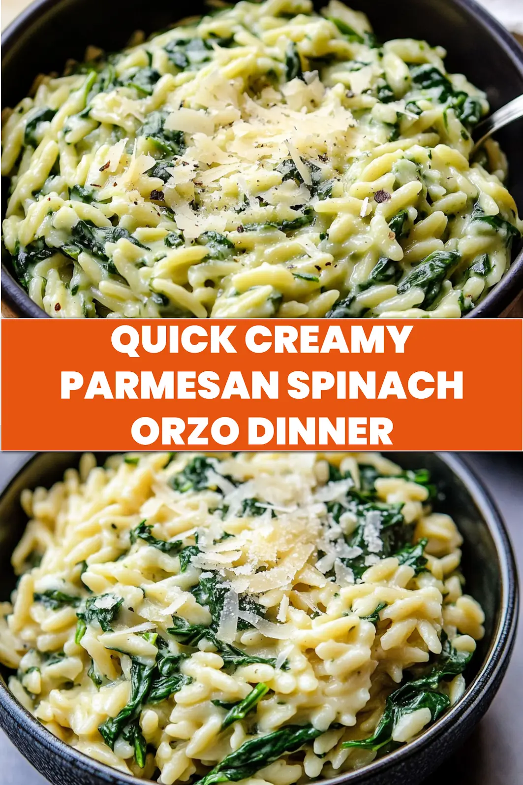 Creamy Parmesan spinach orzo Pinterest pin image, centered hero view, clean and uncluttered