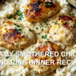 CREAMY SMOTHERED CHICKEN AND RICE DINNER RECIPE centered hero view, clean and uncluttered