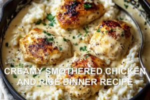 Creamy Smothered Chicken And Rice Dinner Recipe How To Make CREAMY SMOTHERED CHICKEN AND RICE DINNER RECIPE centered hero view, clean and uncluttered