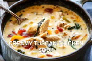 Creamy Tuscan Chicken Soup Recipe - Easy and Delicious CREAMY TUSCAN CHICKEN SOUP centered hero view, clean and uncluttered