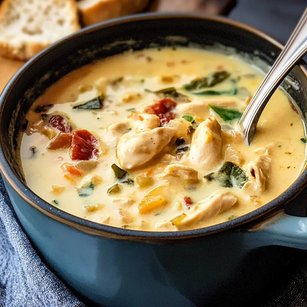 Creamy Tuscan Chicken Soup Recipe - Easy and Delicious 6 Creamy Tuscan Chicken Soup in a rustic bowl, garnished with sun-dried tomatoes and fresh spinach