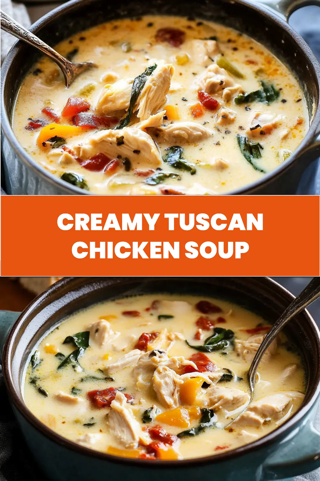 Creamy Tuscan Chicken Soup Recipe - Easy and Delicious 7 Creamy Tuscan Chicken Soup pin image with sun-dried tomatoes and fresh herbs