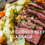 CROCK POT CORNED BEEF AND CABBAGE centered hero view, clean and uncluttered