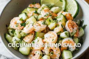 Discover the Deliciously Fresh Cucumber Shrimp Salad CUCUMBER SHRIMP SALAD centered hero view, clean and uncluttered