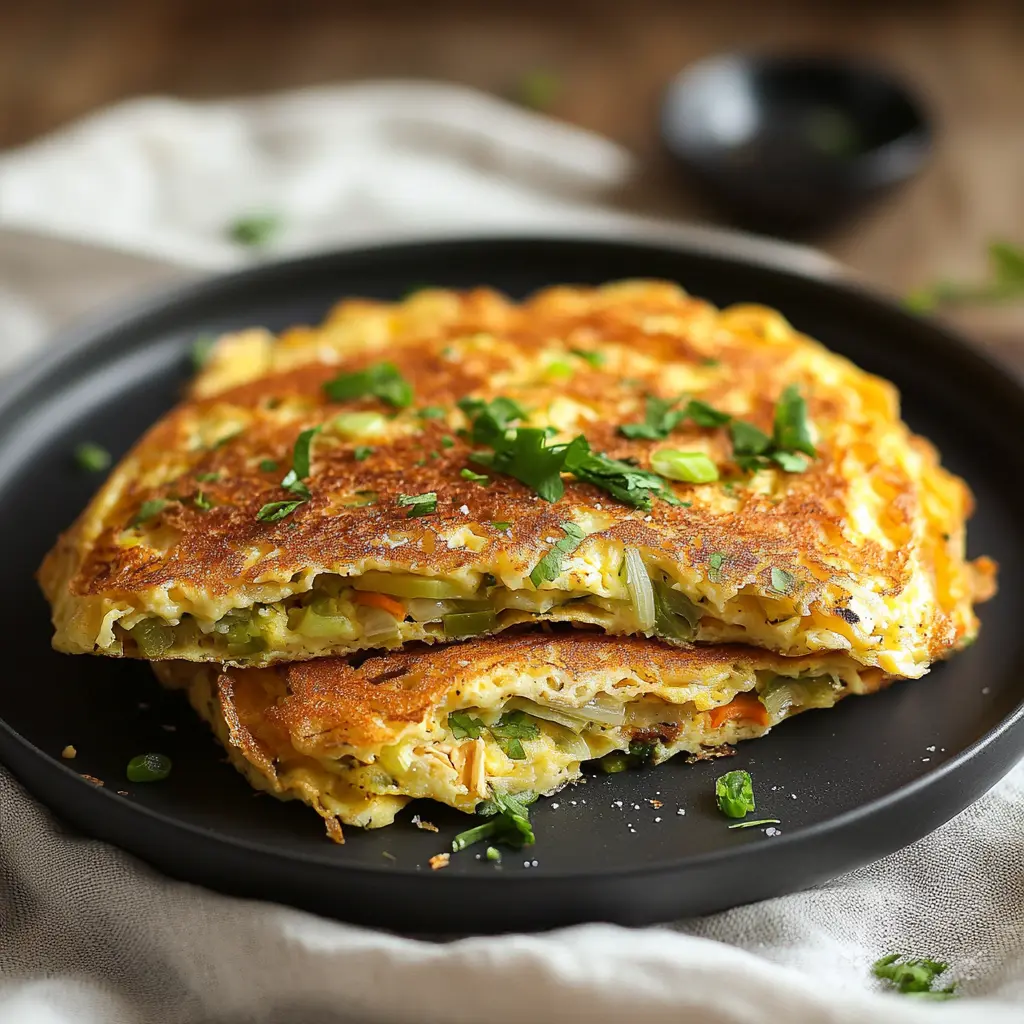 Easy cabbage omelette with golden edges, melted cheese, and colorful vegetables