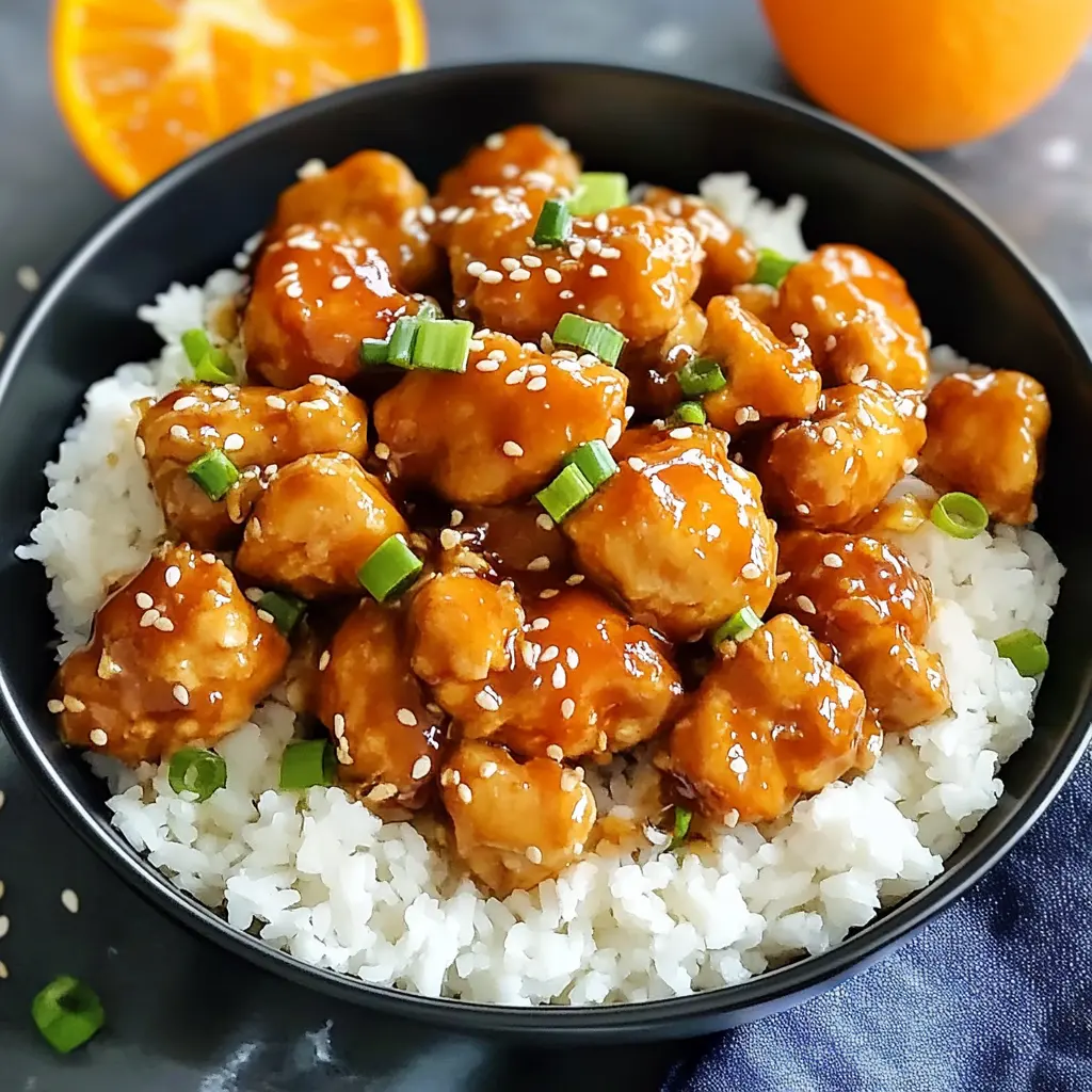 Easy orange chicken with glossy sauce, garnished and ready to serve