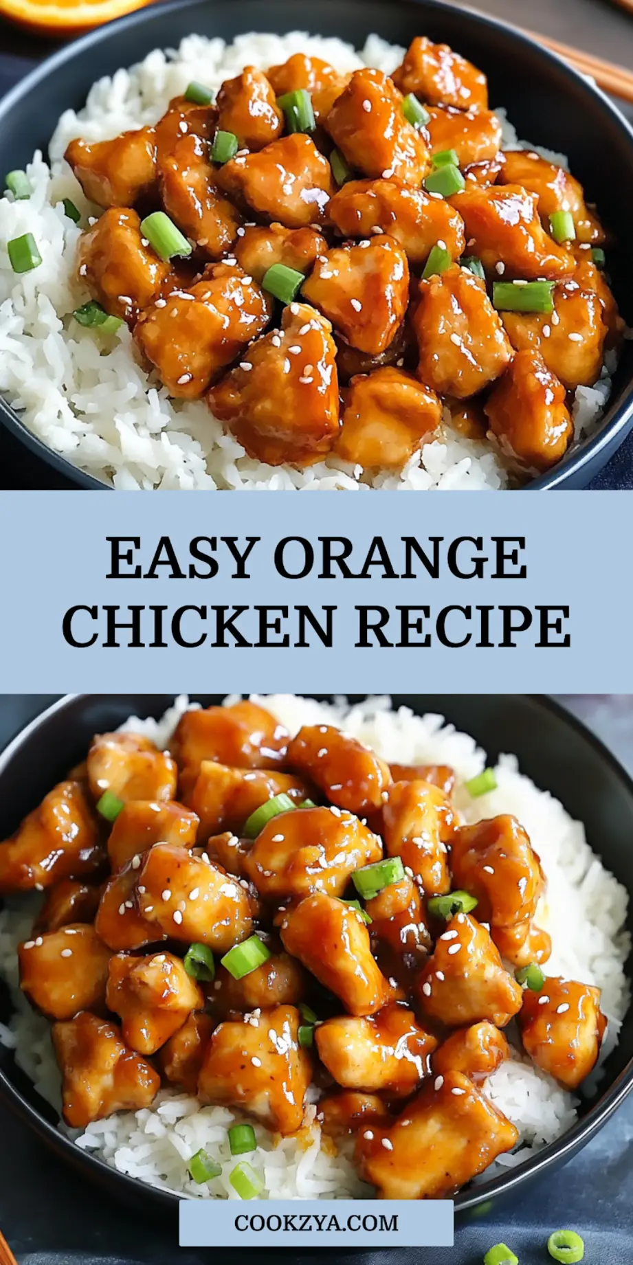 Easy orange chicken recipe pin image, glossy sauce coating crispy chicken pieces