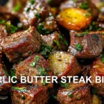 GARLIC BUTTER STEAK BITES centered hero view, clean and uncluttered