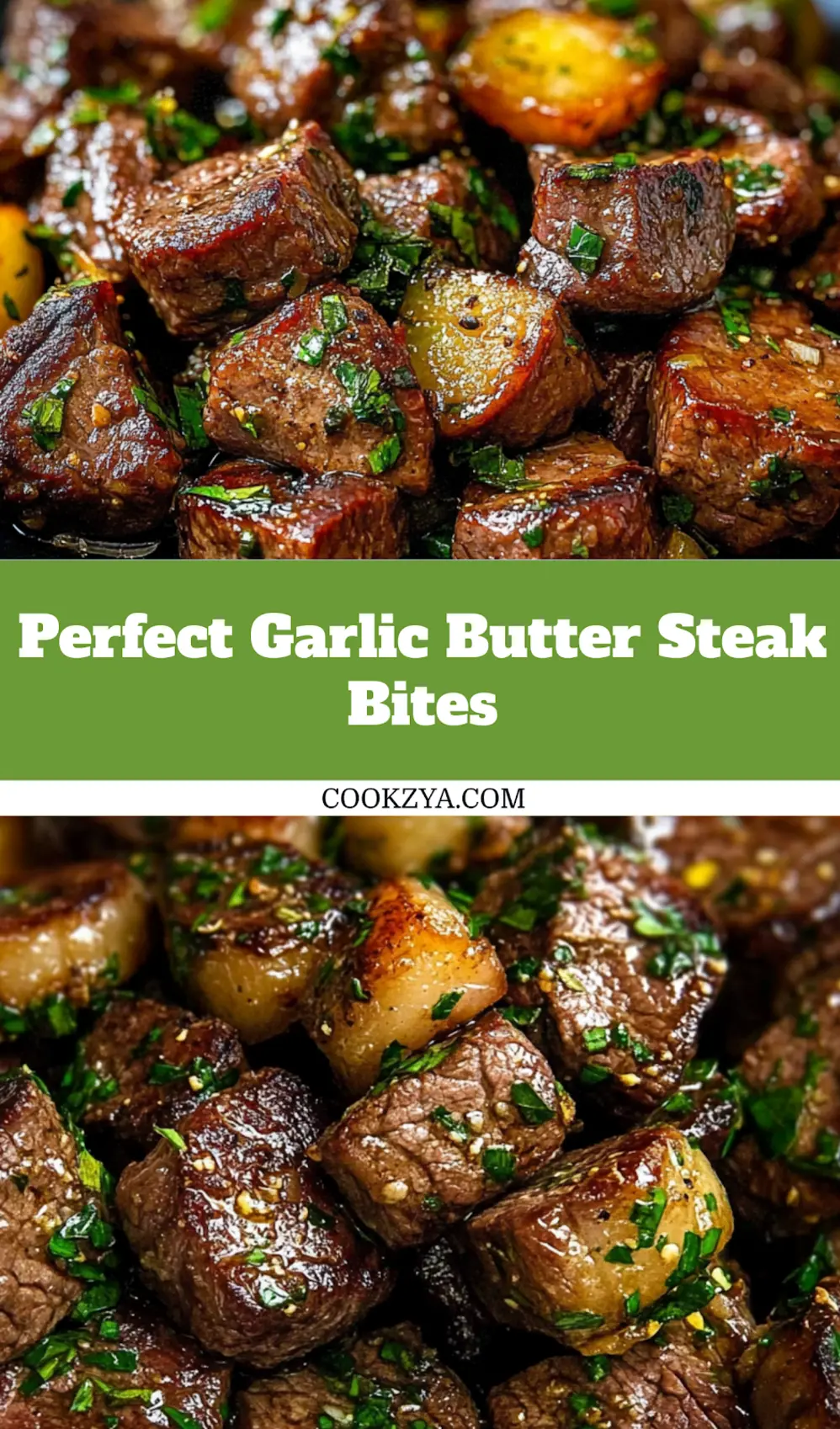 Garlic Butter Steak Bites: The Best Quick Dinner 7 GARLIC BUTTER STEAK BITES centered hero view, clean and uncluttered_pin