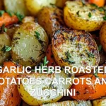 GARLIC HERB ROASTED POTATOES CARROTS AND ZUCCHINI centered hero view, clean and uncluttered