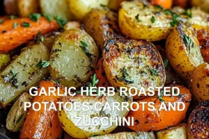 Garlic Herb Roasted Potatoes and Vibrant Veggies GARLIC HERB ROASTED POTATOES CARROTS AND ZUCCHINI centered hero view, clean and uncluttered
