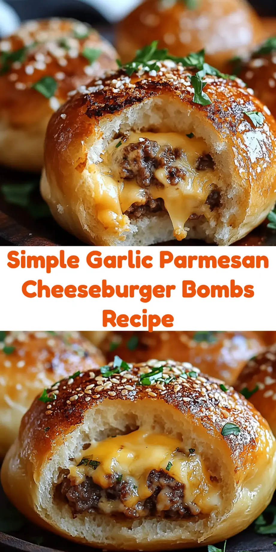 Finished Garlic Parmesan Cheeseburger Bombs on a plate, golden and ready to serve