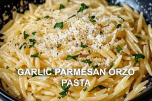 GARLIC PARMESAN ORZO PASTA centered hero view, clean and uncluttered