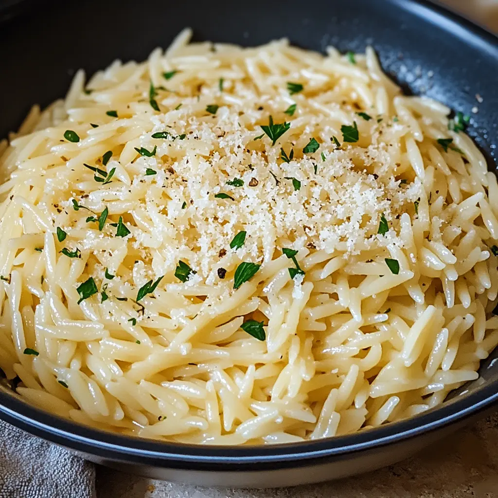 GARLIC PARMESAN ORZO PASTA centered hero view, clean and uncluttered