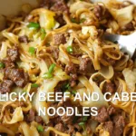 GARLICKY BEEF AND CABBAGE NOODLES centered hero view, clean and uncluttered