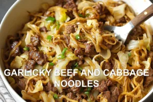 GARLICKY BEEF AND CABBAGE NOODLES centered hero view, clean and uncluttered