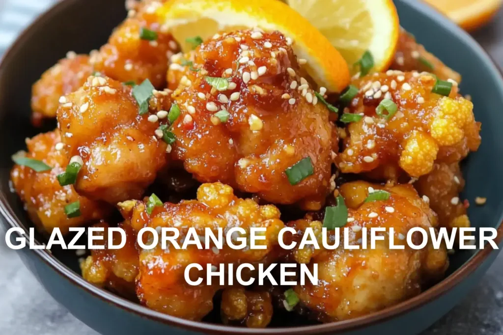 GLAZED ORANGE CAULIFLOWER CHICKEN centered hero view, clean and uncluttered