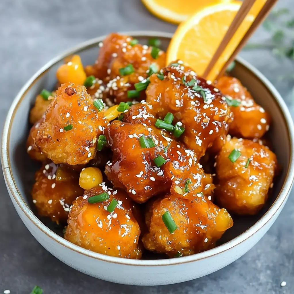 Glazed orange cauliflower with crispy coating in sticky orange glaze