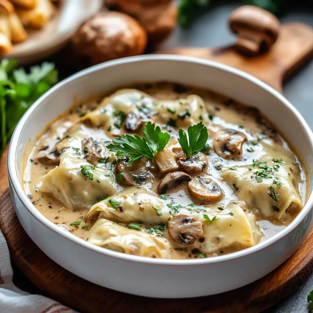 Golabki with Mushroom Sauce Recipe Made Easy and Delicious 6 Golabki with mushroom sauce in a baking dish, topped with creamy mushroom gravy