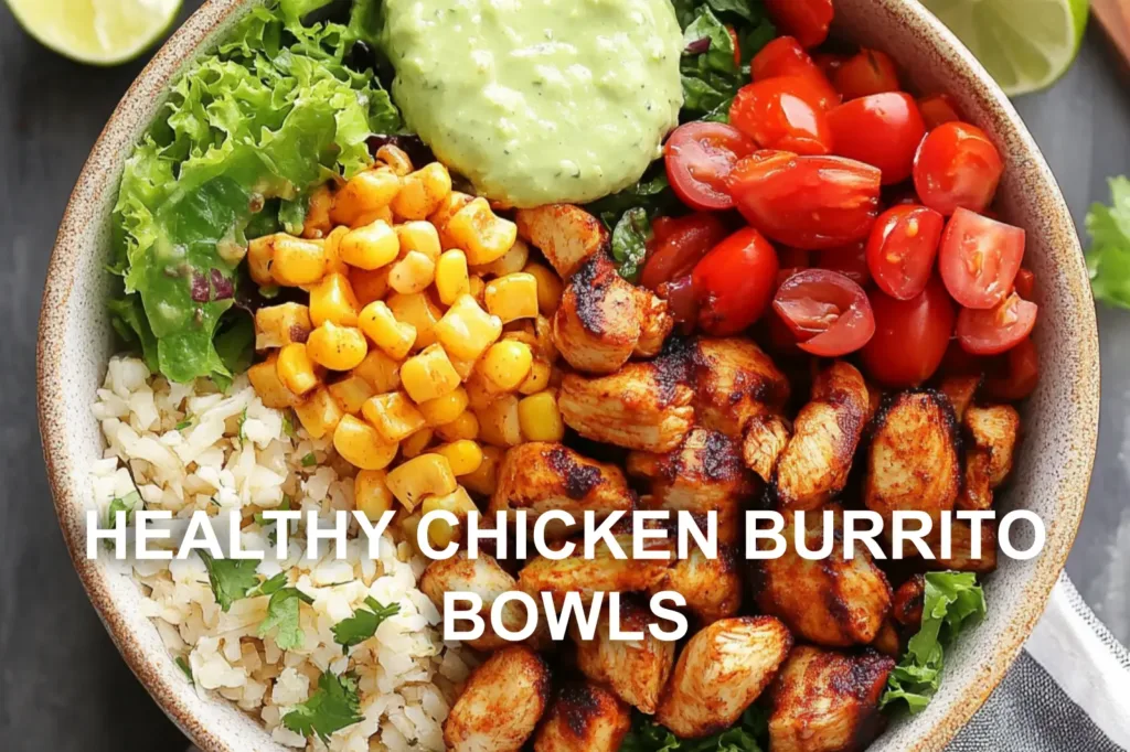 HEALTHY CHICKEN BURRITO BOWLS centered hero view, clean and uncluttered