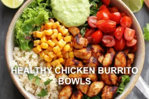 HEALTHY CHICKEN BURRITO BOWLS centered hero view, clean and uncluttered