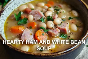 HEARTY HAM AND WHITE BEAN SOUP centered hero view, clean and uncluttered