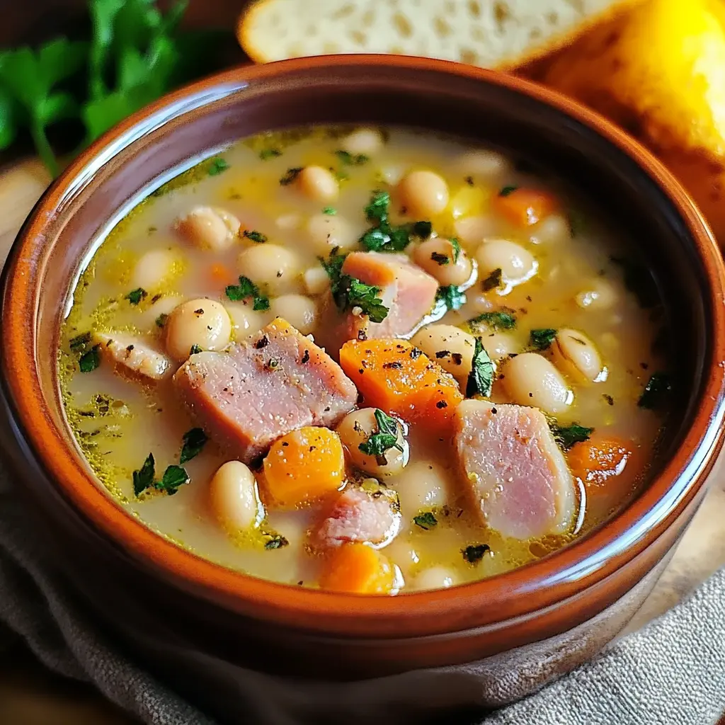 Hearty Ham and White Bean Soup Recipe Easy and Delicious 6 Hearty Ham and White Bean Soup in a rustic bowl, centered hero view