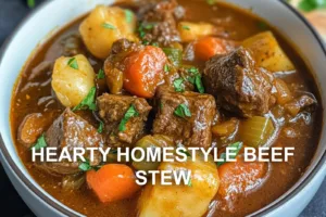 HEARTY HOMESTYLE BEEF STEW centered hero view, clean and uncluttered