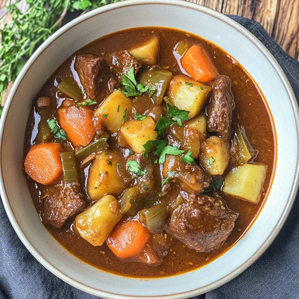 Hearty Homestyle Beef Stew Recipe Easy and Delicious 6 Hearty homestyle beef stew in a rustic bowl, showing tender beef chunks and vegetables in rich broth