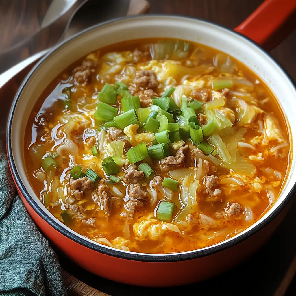 Hearty One Pot Egg Roll Soup Recipe Easy and Delicious 6 Hearty One Pot Egg Roll Soup in a rustic bowl with fresh green onions garnish
