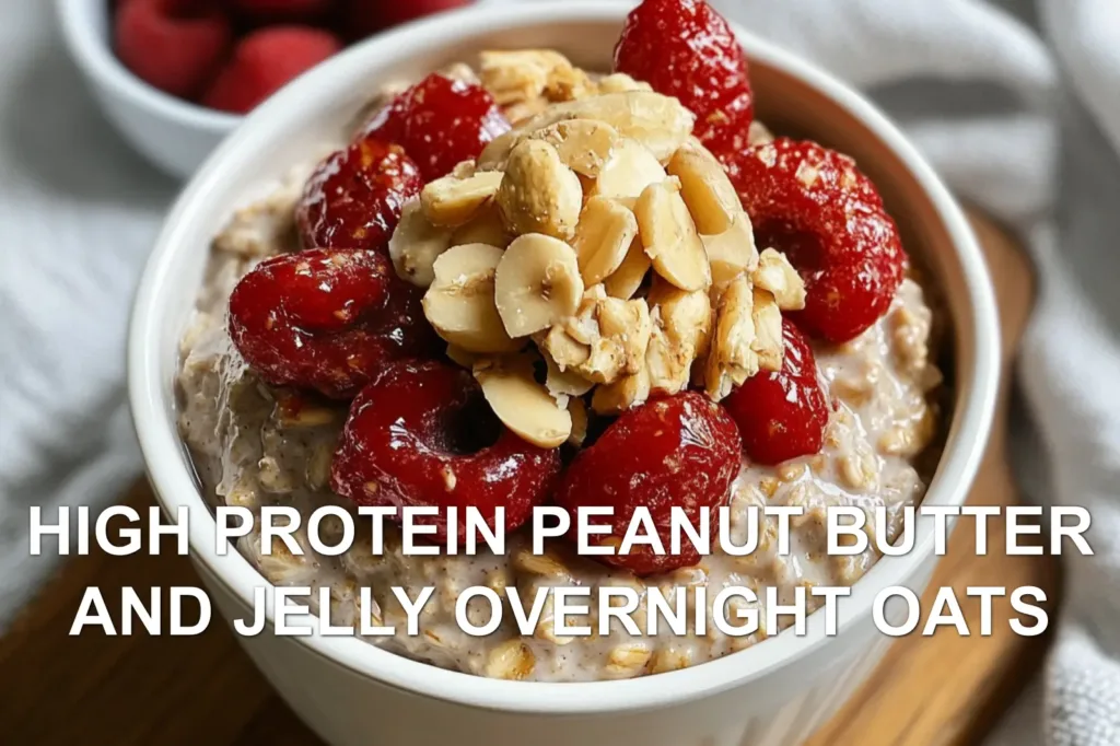 HIGH PROTEIN PEANUT BUTTER AND JELLY OVERNIGHT OATS centered hero view, clean and uncluttered