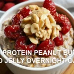 HIGH PROTEIN PEANUT BUTTER AND JELLY OVERNIGHT OATS centered hero view, clean and uncluttered