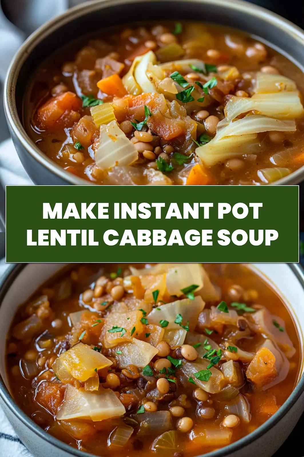 A bowl of Instant Pot Lentil Cabbage Soup ready to serve with a spoon