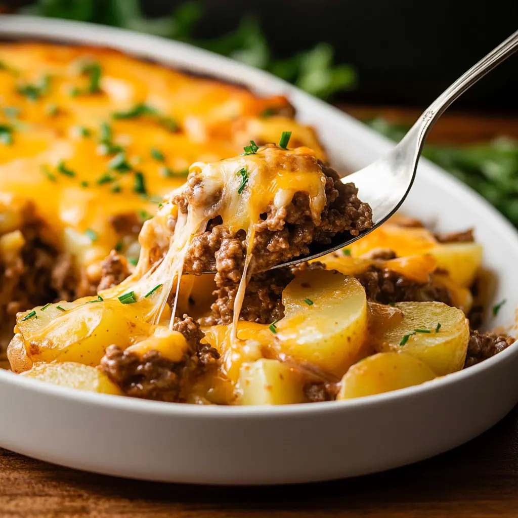 5 Ingredient Ground Beef Casserole With Potatoes Recipe 6 5 ingredient ground beef casserole with potatoes in white baking dish with golden cheese topping